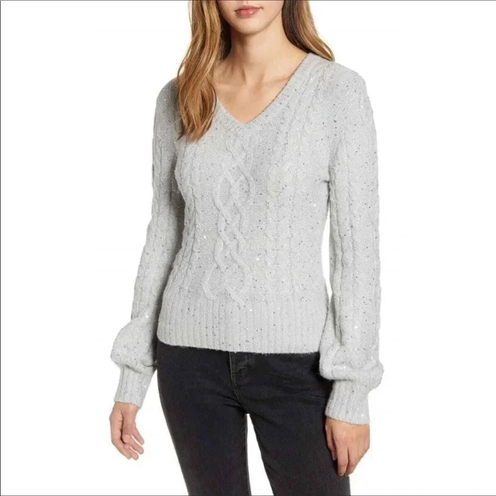 Rachel Parcell Sequin Puff Sleeve Sweater Pullover v6x